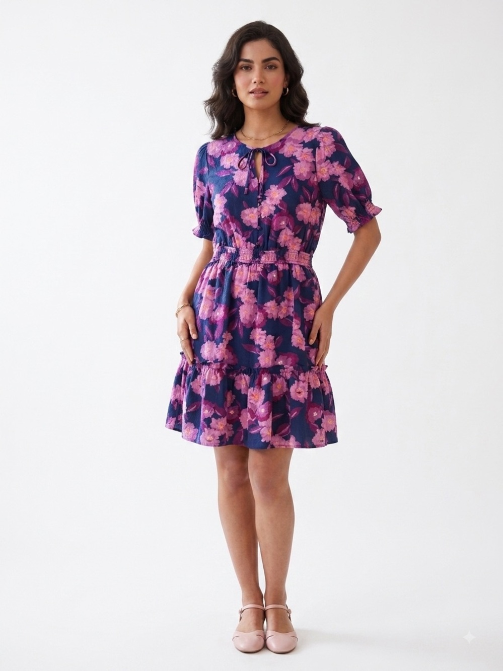 Draper James Purple Floral Tie-Neck Mini Dress